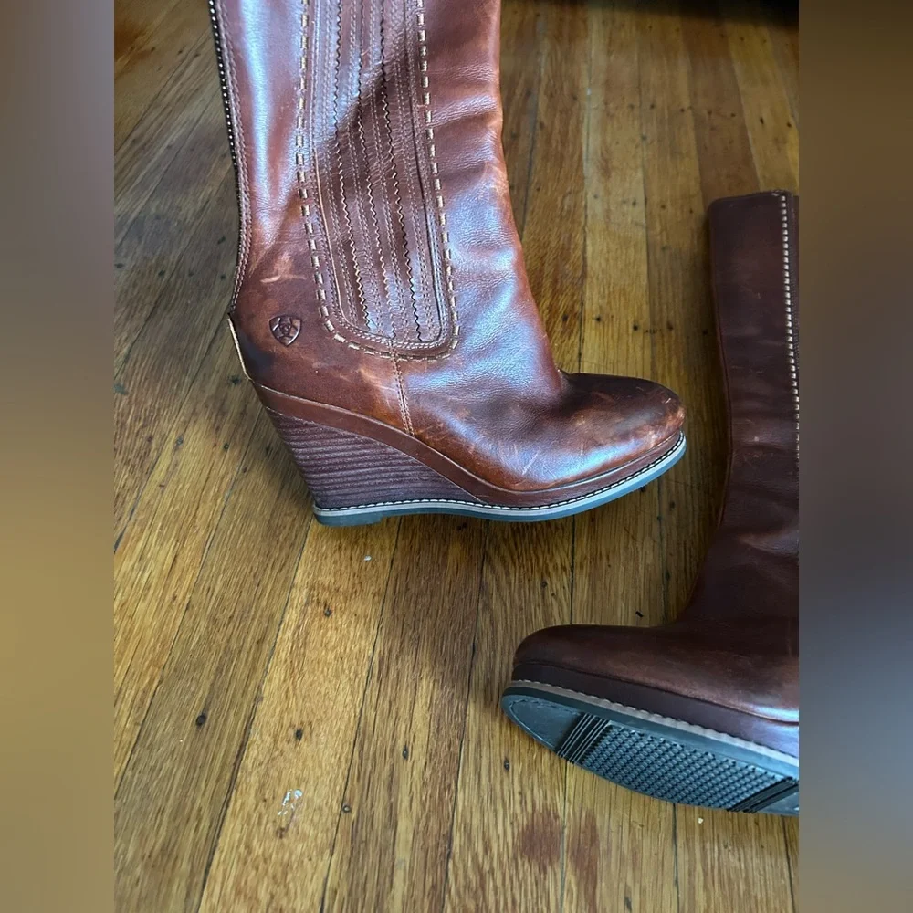 Ariat Brown Leather Knee-High Wedge Boots - Picture 5 of 10